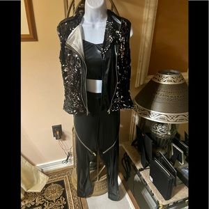 Glamour Hip Hop 3-piece Dance Costume, Sequin Jacket Top & Gold Zipper Pants L